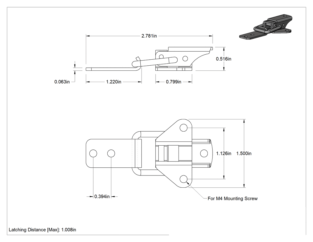 Teknik Çizim - Çekme Mandalı, Vida ile Sabitleme, Siyah Boyalı Çelik, 2-7/8" Uzunluk x 1-1/2" Genişlik