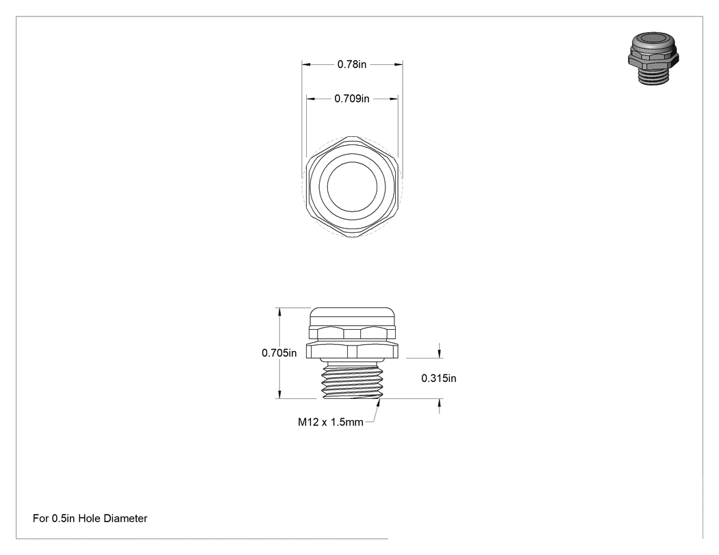 Teknik Çizim - Dalgıç Dişli Havalandırma Deliği, Nikel Kaplı Pirinç, M12 x 1.5 mm Diş