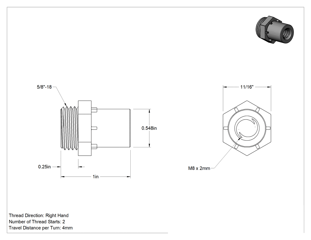 Teknik Çizim - Hızlı Hareketli Ultra Hassas Kılavuz Vida için M8 x 2 mm Dış Dişli Somun