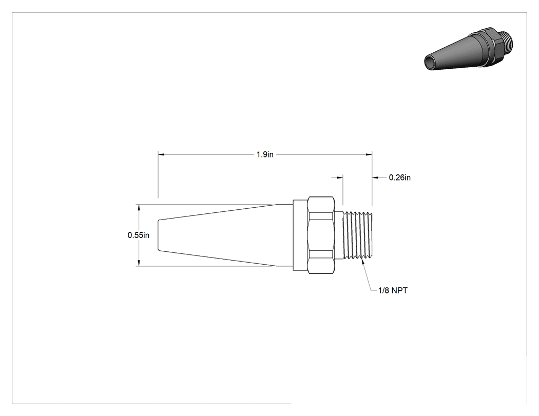 Teknik Çizim - Ayarlanabilir Akışlı Hava Nozulları, 1/8 NPT Erkek Giriş