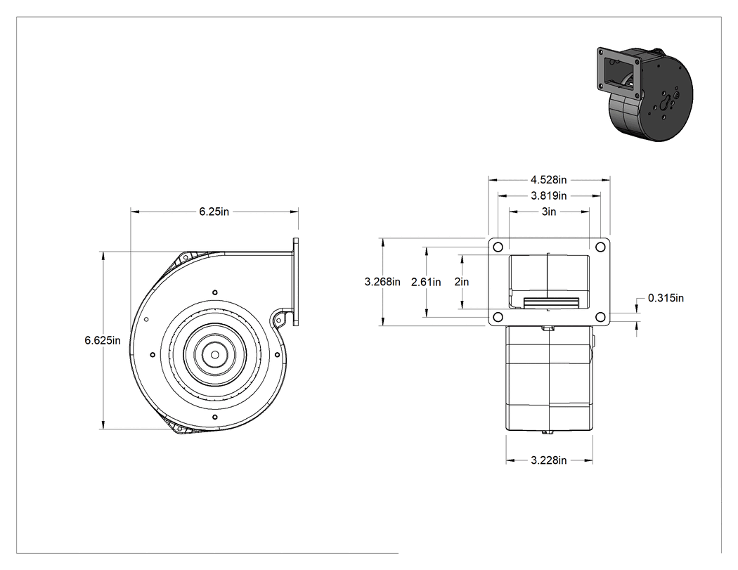 Teknik Çizim - Ekipman Soğutma Fanı, 6.63" Yükseklik x 4.5" Genişlik x 6.25" Derinlik Toplam