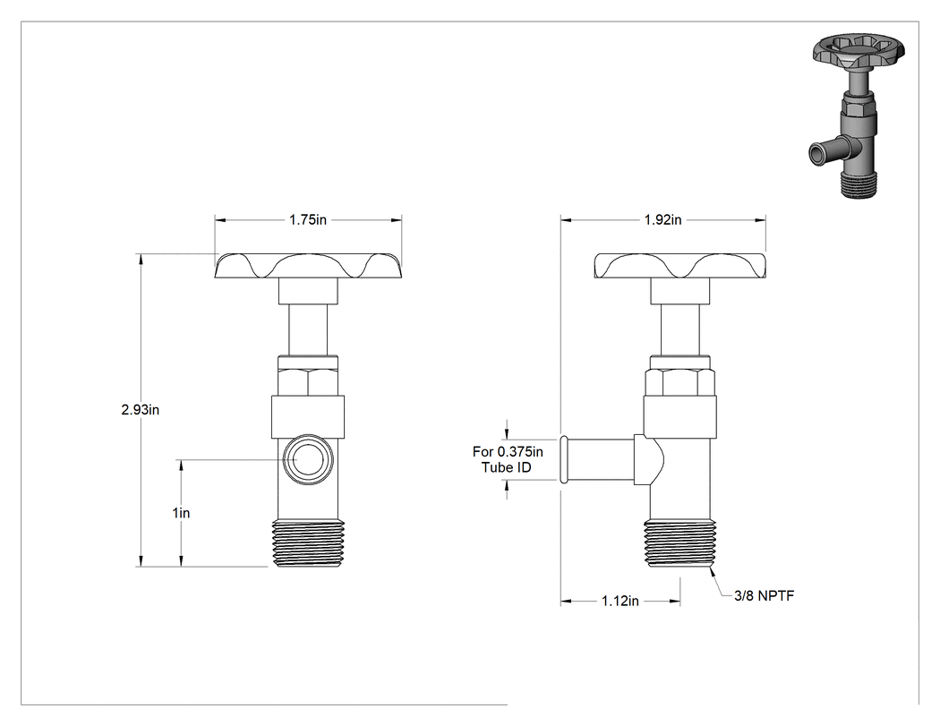 Teknik Çizim - Yakıt için Hassas Akış Ayar Valfi, Pirinç, 3/8 NPTF Erkek, 3/8" İç Çaplı Boru için Çivili