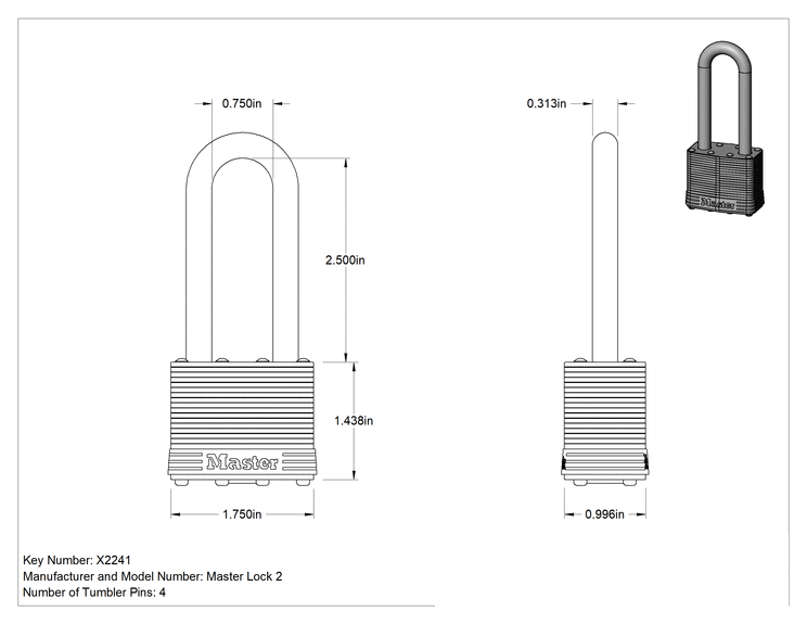 Teknik Çizim - Lamine Pirinç Gövdeli Hava Koşullarına Dayanıklı Asma Kilit, Master Lock 2, #X2241 Anahtarı ile Açılır, 2-1/2" Dikey Boşluk
