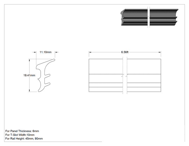 Teknik Çizim - T-Yivli Çerçeve, 45 mm Yüksekliğinde Ray için Panel Contası, 6 mm Panel Kalınlığı için