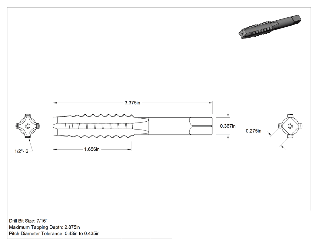 Teknik Çizim - Bobin Diş Açma Kılavuzu, 1/2"-6 Diş Boyutu, 1-21/32" Diş Uzunluğu