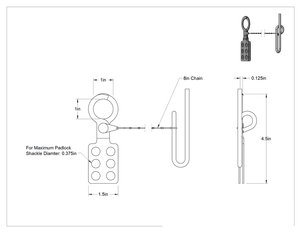 Teknik Çizim - Kaldırmaya Dayanıklı Kilitli Mandal Kilidi, Zincir ve Vana Adaptörlü, 1" x 1" Mandal Boşluğu