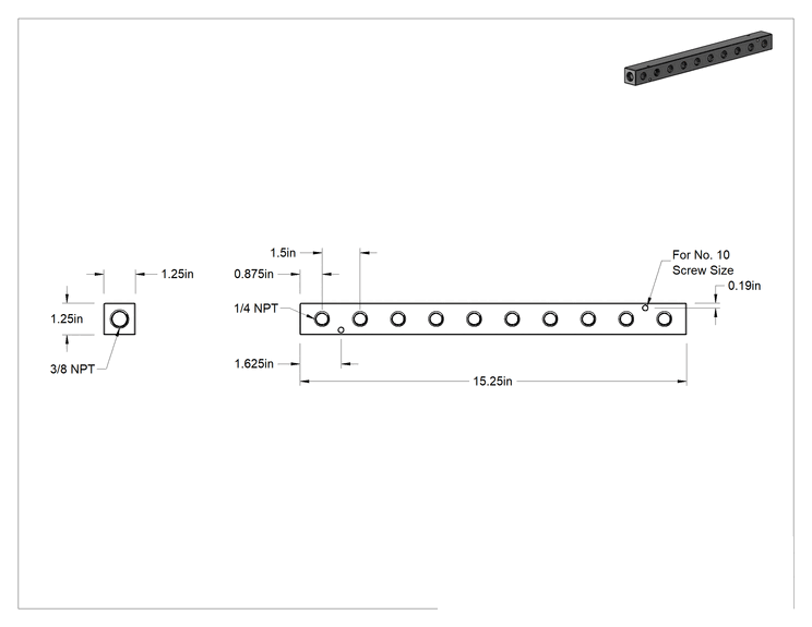 Teknik Çizim - Pirinç Dik Açılı Akış Dikdörtgen Manifold, Ekstra Geniş Çıkış Boşlukları, 10 Çıkış, 3/8 NPT X1/4 NPT