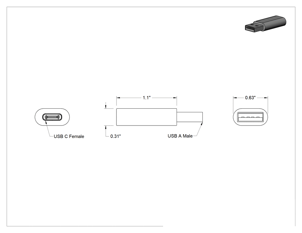 Teknik Çizim - USB Adaptörü, Ters Çevrilebilir USB C Dişi x USB A Erkek