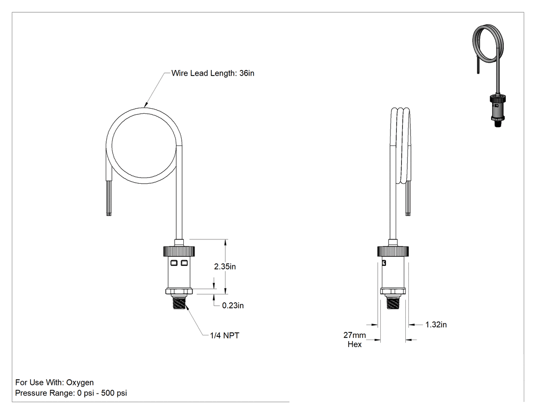 Teknik Çizim - Oksijen için Basınç Transmitteri, 4-20 mA Çıkış, Tel Uçları, 0-500 PSI