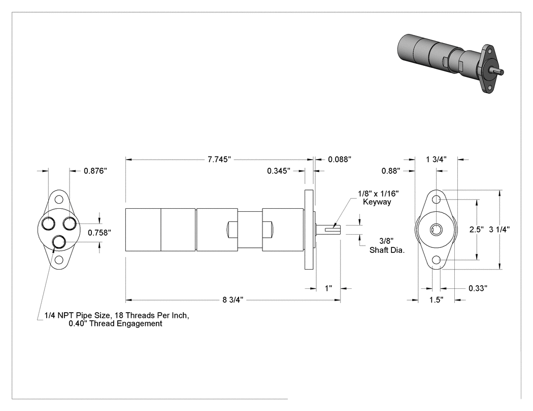 Teknik Çizim - Kompakt Pnömatik Dişli Motor, Dişli Girişli, 0.31 hp ve 90 PSI'da Maksimum 85 rpm