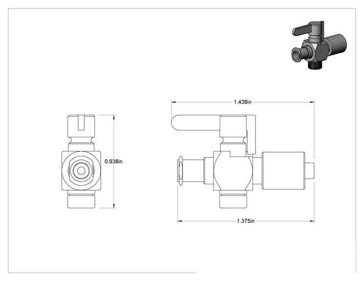 Teknik Çizim - Luer-Lock Bağlantı Parçaları ile Açma/Kapama Vanası, Nikel Kaplı Pirinç Gövde, Kilitleme Halkalı Erkek x Dişi