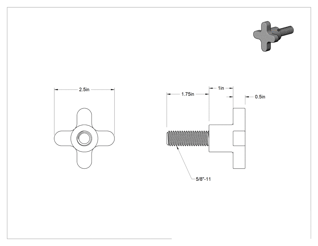 Teknik Çizim - Alüminyum dört kollu topuz, 5/8"-11 Dişli 1-3/4" Uzunluğunda Saplamalı, 2-1/2" Genişliğinde Başlık