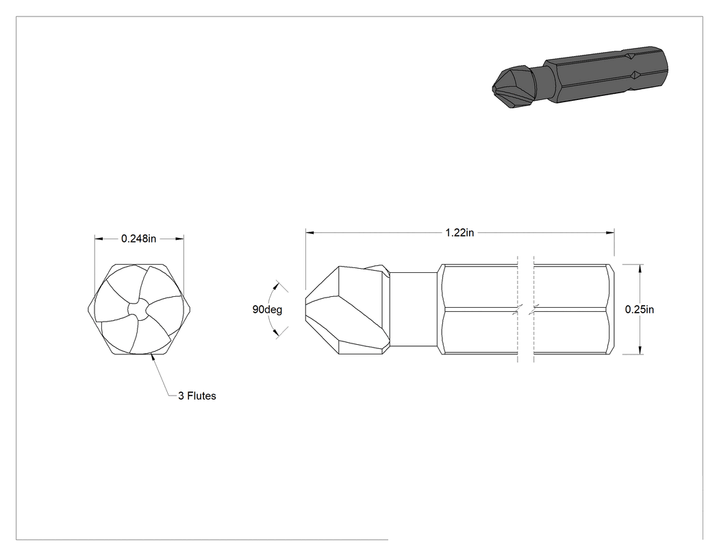 Teknik Çizim - Vidalar için Altıgen Uçlu Havşa, 90 Derece, 3 Oluk, 1/4" Gövde Çapı