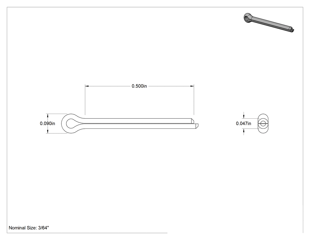 Teknik Çizim - Çinko Kaplı Karbon Çelik Kopilyalar, 3/64" Çap, 1/2" Uzunluk