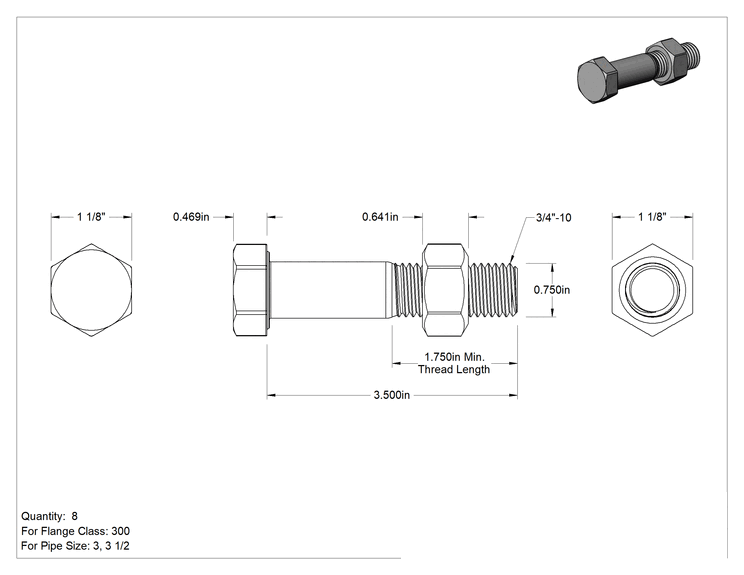 Teknik Çizim - Boru Flanşları için Altıgen Vida ve Somun Kiti, 18-8 Paslanmaz Çelik, Sınıf 300, 3/4"-10 Diş, 3 Boru Boyutu için