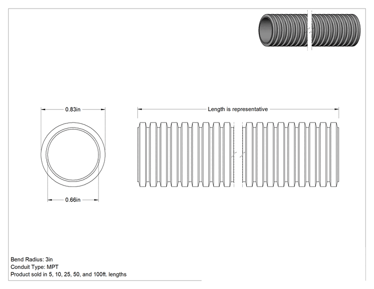 Teknik Çizim - Sürekli Esnek Plastik Kanal, 0.64" İç Çap, 0.84" Dış Çap
