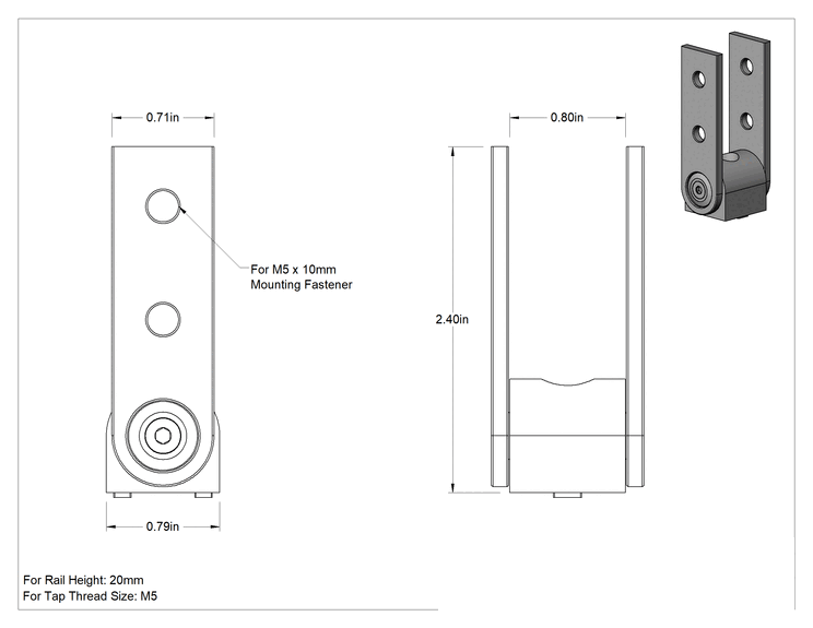 Teknik Çizim - T-Yivli Çerçeve, 20 mm Tek Ray için Sıralı/Dikey Pivot
