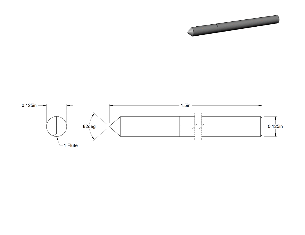 Teknik Çizim - Karbür Havşa, Vida için, 82 Derece, AlTiN Kaplamalı, 1 Yiv, 1/8" Gövde Çapı