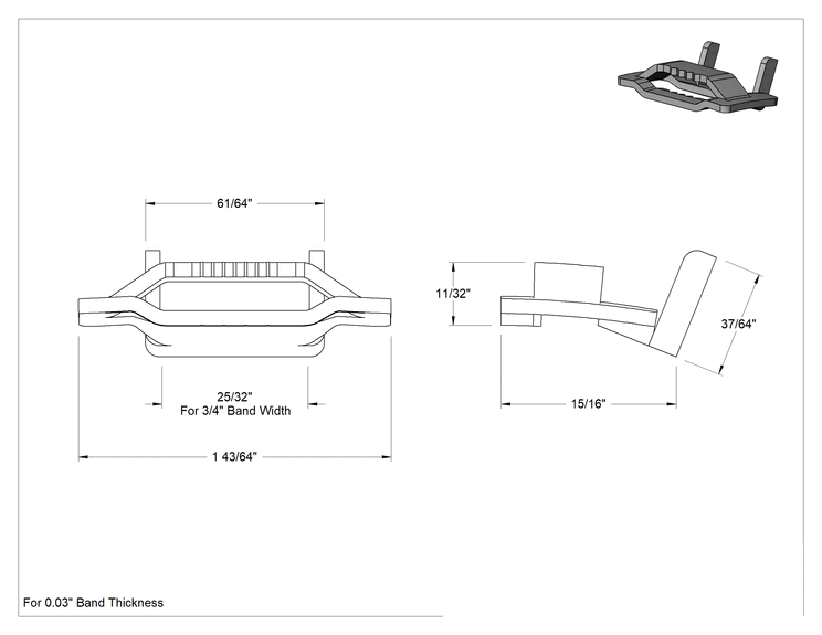 Teknik Çizim - Düşük Profilli Şerit Kelepçeler için Şerit, Bant Kelepçesi için Dişli 316 Paslanmaz Çelik Toka, 3/4" Genişlikli Bant