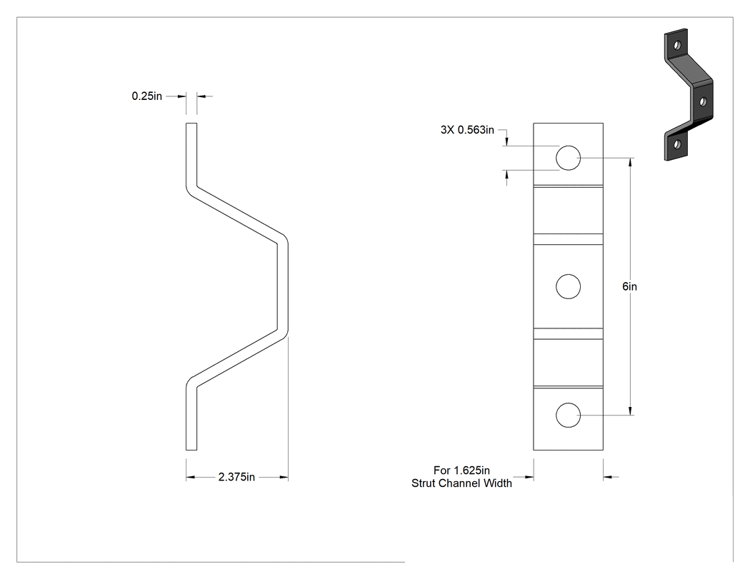 Teknik Çizim - Strut Kanal Ayırıcı, 1-5/8" Genişlik Kanal için, 7-5/8" Uzunluk