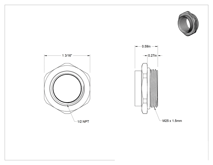 Teknik Çizim - Dişli Adaptör, Nikel Kaplı Pirinç, 1/2 NPT Dişi - M25 Erkek