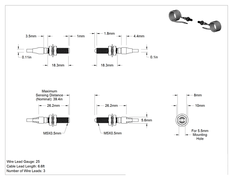 Teknik Çizim - Minyatür Fotoelektrik Anahtar, Yuvarlak, Alıcı, Nesne Varken Işın, PNP