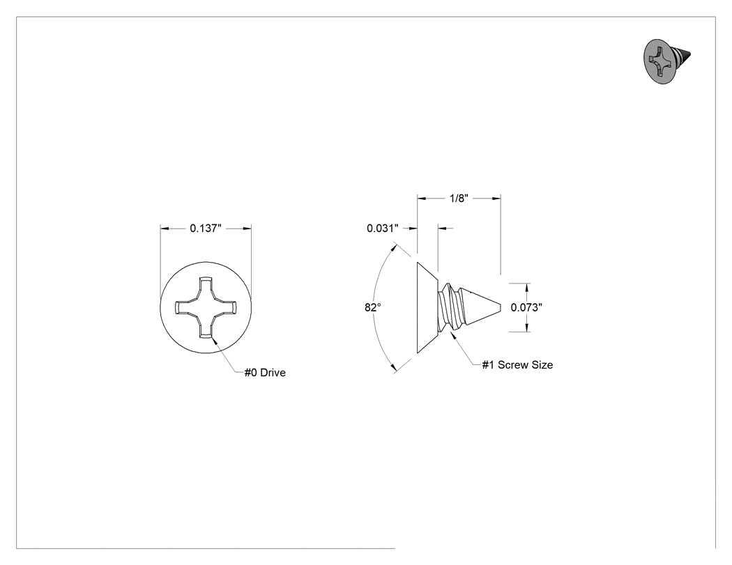 Teknik Çizim - 18-8 Paslanmaz Çelik Metal için Phillips Havşa Başlı Vidalar, 1 Numaralı Boyut, 1/8" Uzunluk