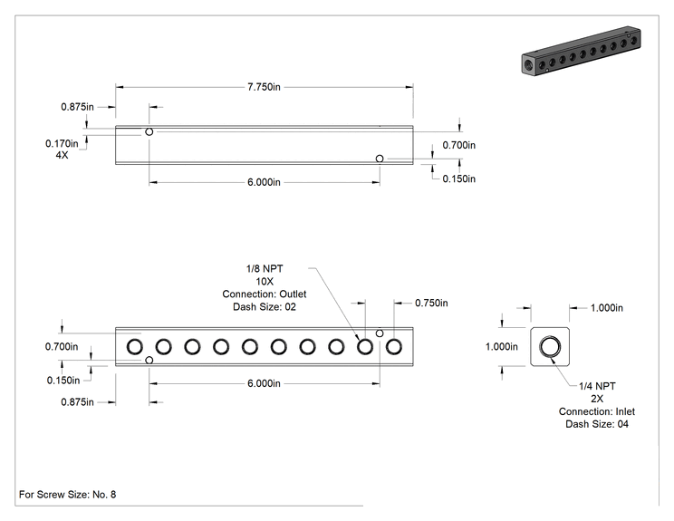 Teknik Çizim - Nikel Kaplı Alüminyum Dik Açılı Akış Manifoldu, Bir Tarafında 10 Çıkışlı, 1/4 NPT x 1/8 NPT