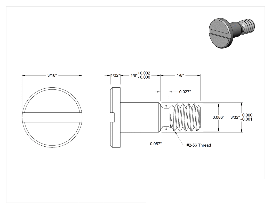 Teknik Çizim - Ultra Düşük Profilli Hassas Omuzlu Vida, Yarık, 3/32" Omuz Çapı, 1/8" Omuz Uzunluğu, 2-56 Diş