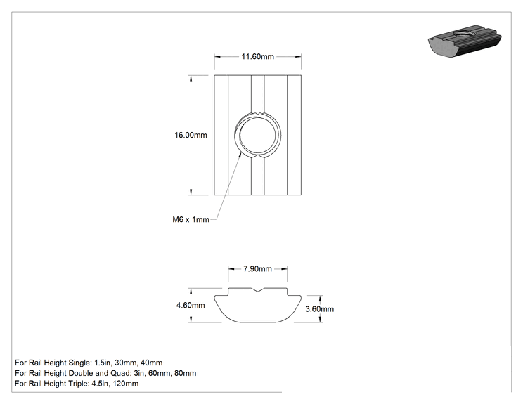 Teknik Çizim - T-Yuvalı Çerçeve Bağlantı Elemanları, 1.5" için Tak-Çıkar Kendinden Hizalamalı Somun, 30 mm ve 40 mm Ray, M6