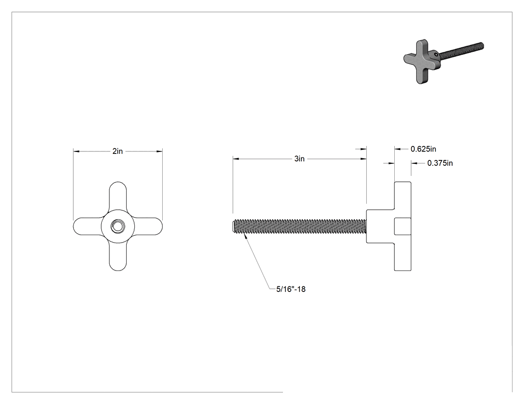 Teknik Çizim - Alüminyum dört kollu topuz, 5/16"-18 Dişli 3" Uzunlukta Saplama, 2" Genişlikte Başlık