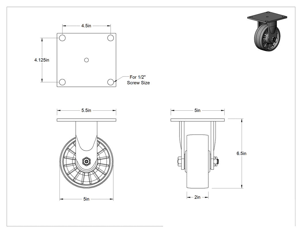 Teknik Çizim - 5-1/2" x, 5" Plakalı Yüksek Kapasiteli Spartan Tekerlek, 5 inç Çapında Naylon Tekerlekli Sert