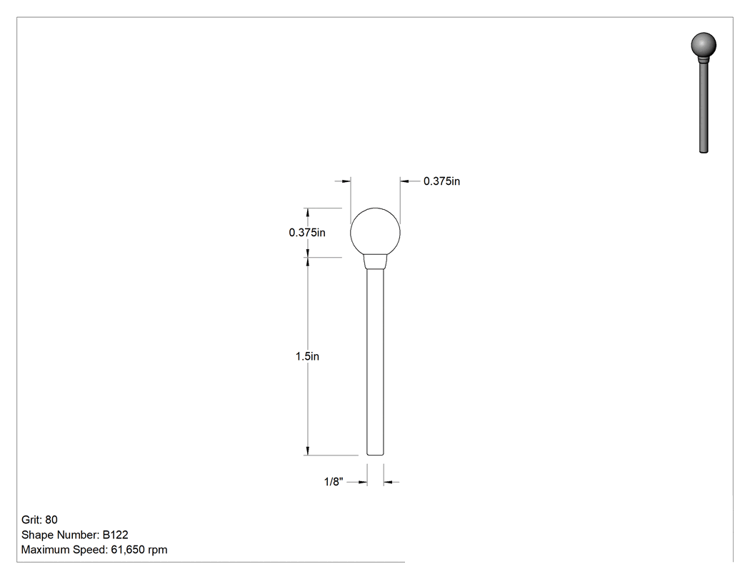 Teknik Çizim - Metaller için Pamuk Laminatlı Taşlama Ucu, 1/8" Şaft Çapı, 3/8" Top Başlık, 80 Kum
