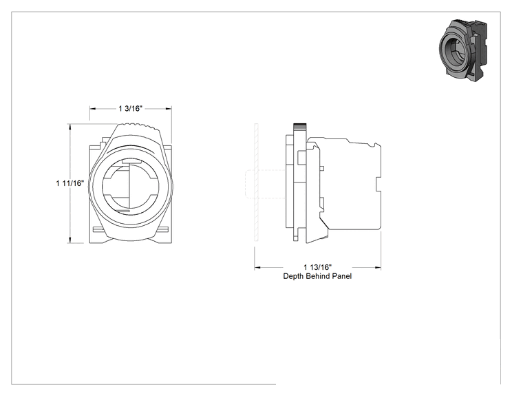 Teknik Çizim - Mandallı Kontak Bloğu, SPST-NO, Düğmeli Metal 22 mm Panel Montajlı Anahtar için