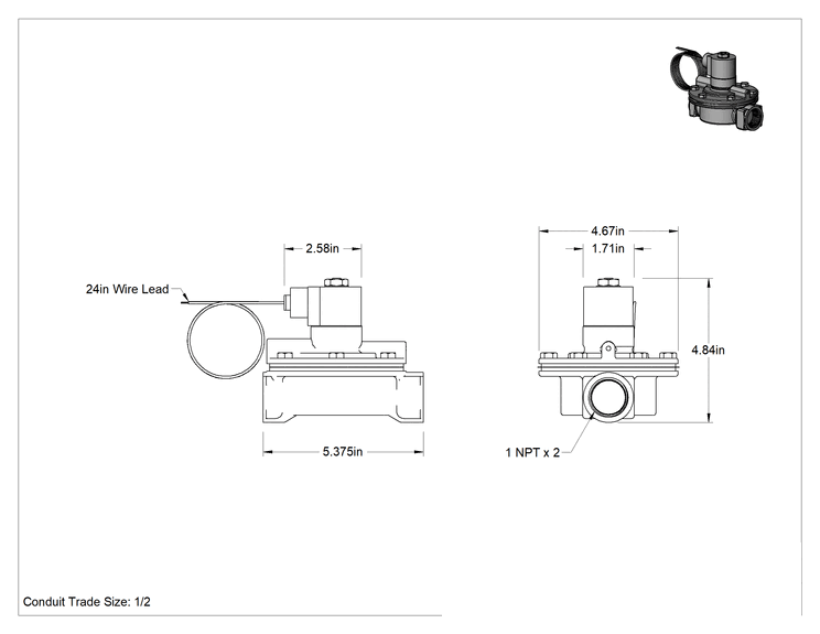 Teknik Çizim - Buhar için Solenoid Açma/Kapama Vanası, Pirinç Gövde, Normalde Kapalı, 24V AC, 1 NPT Dişi, 13 Cv