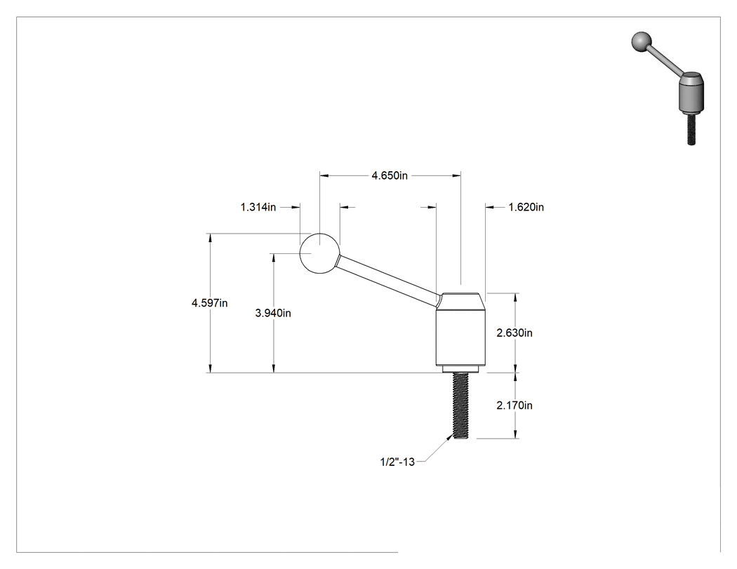 Teknik Çizim - Çelik Ayarlanabilir Tutamak, 1/2"-13 Dişli 2-3/16" Uzunlukta Saplama, 4-5/8" Çıkıntı