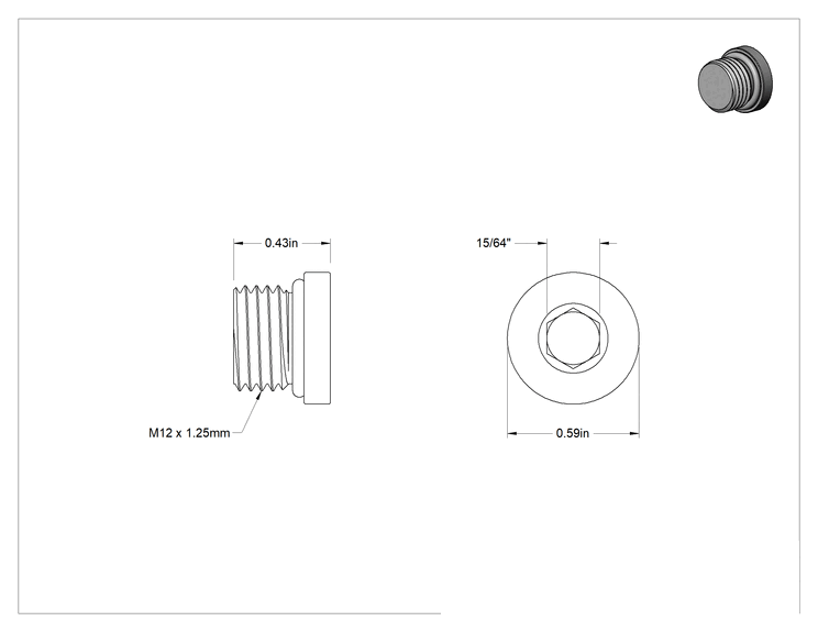 Teknik Çizim - Yüksek Basınçlı Nikel Kaplı Pirinç Boru Bağlantı Parçası, Altıgen Tahrikli Tıkaç, Buna-N O-Ring, M12 x 1.25 mm Diş