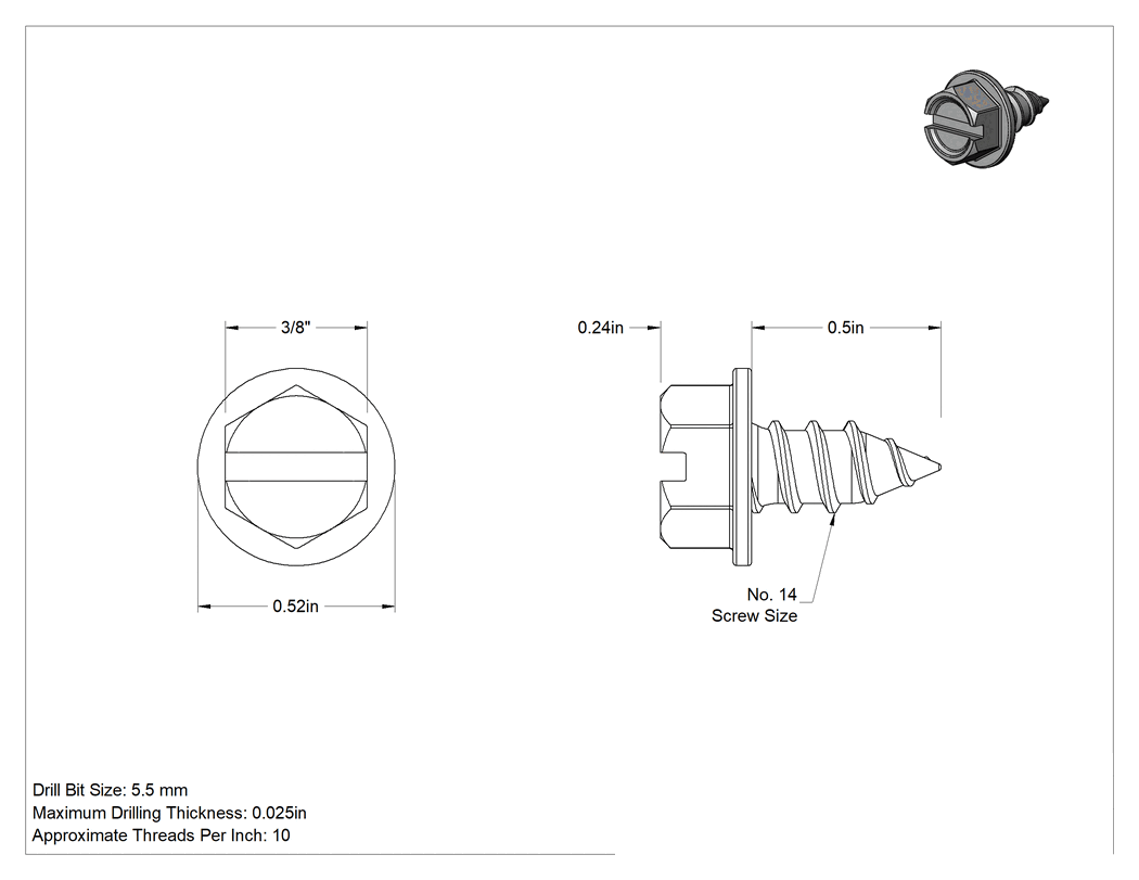Teknik Çizim - Çinko Kaplı Çelik Flanşlı Altıköşe Başlı Vidalar, Sac Metal için, 14 Numaralı Boyut, 1/2" Uzunluk