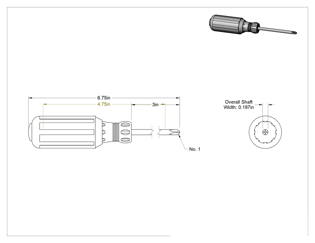 Teknik Çizim - Yastıklı Tutamaklı Tornavida, Değer, 1 Numaralı Phillips Ucu, 6-3/4" Toplam Uzunluk