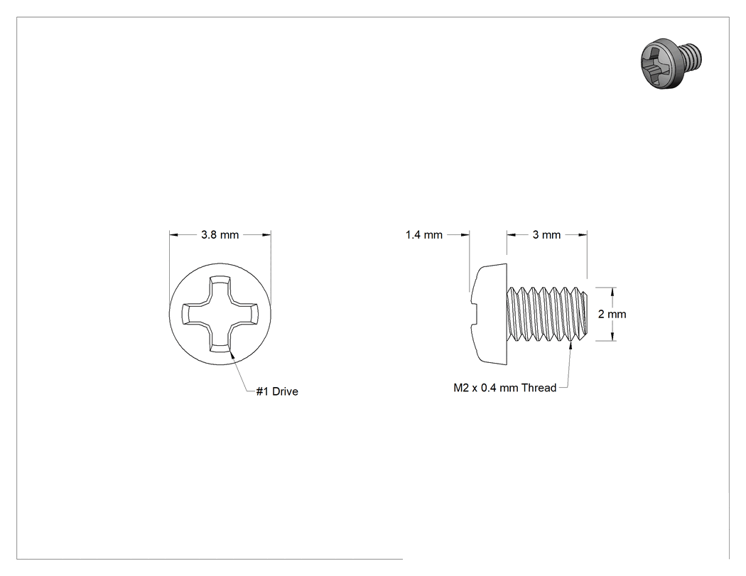Teknik Çizim - Dar Peynir Başlı Phillips Vidalar, M2 x 0.4 mm Diş, 3 mm Uzunluk
