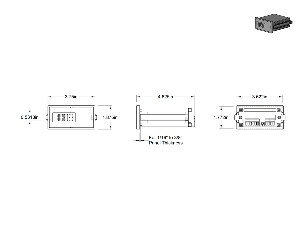 Teknik Çizim - Yüksek Sıcaklık Panel Montajlı Termometre, -58° ila 200°F/-50° ila 199°C