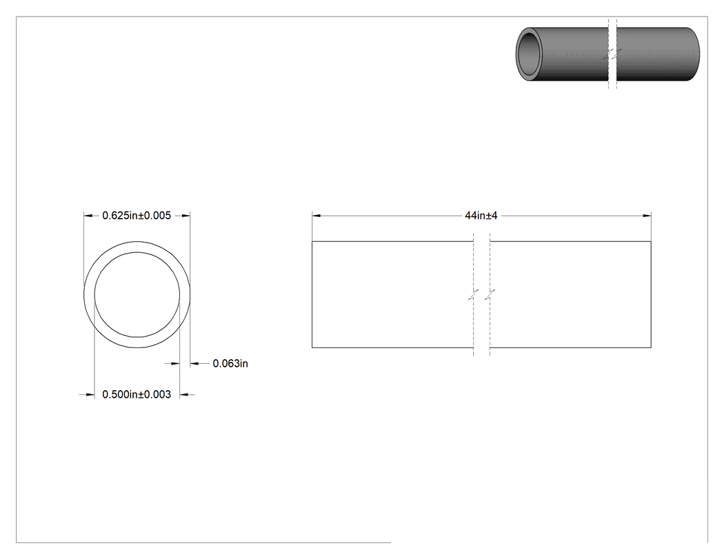 Teknik Çizim - Ultra Yüksek Sıcaklık Darbe Dirençli Garolite Boru, 0.062" Duvar Kalınlığı, 5/8" Dış Çap, 1/2" İç Çap, 44" Uzunluk