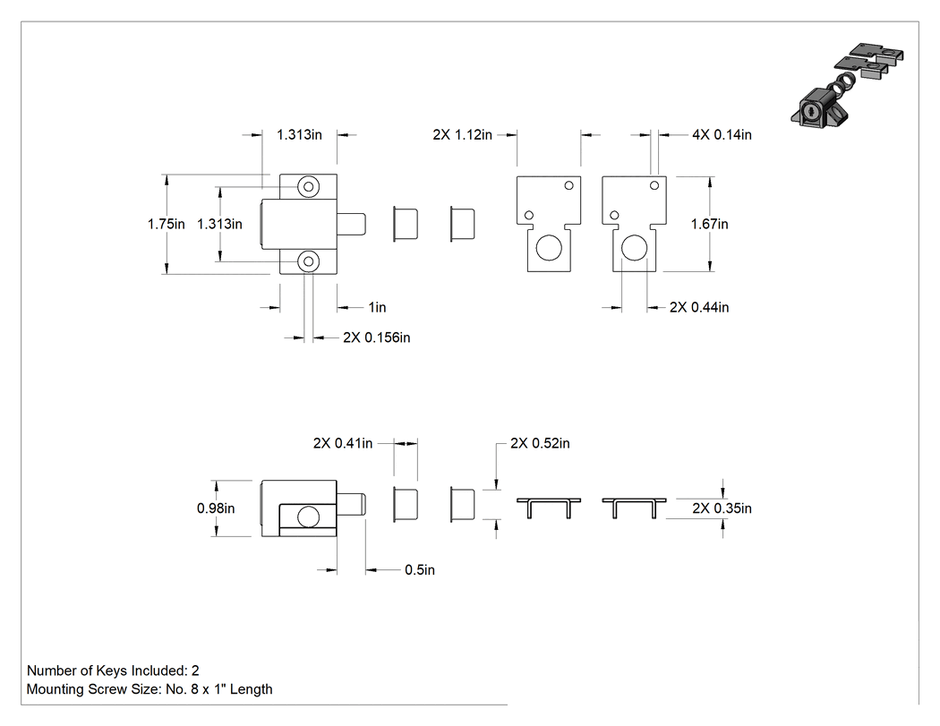 Teknik Çizim - Sürgülü Pencere için Sürgü Mandalı, 1-5/16" Uzunluk