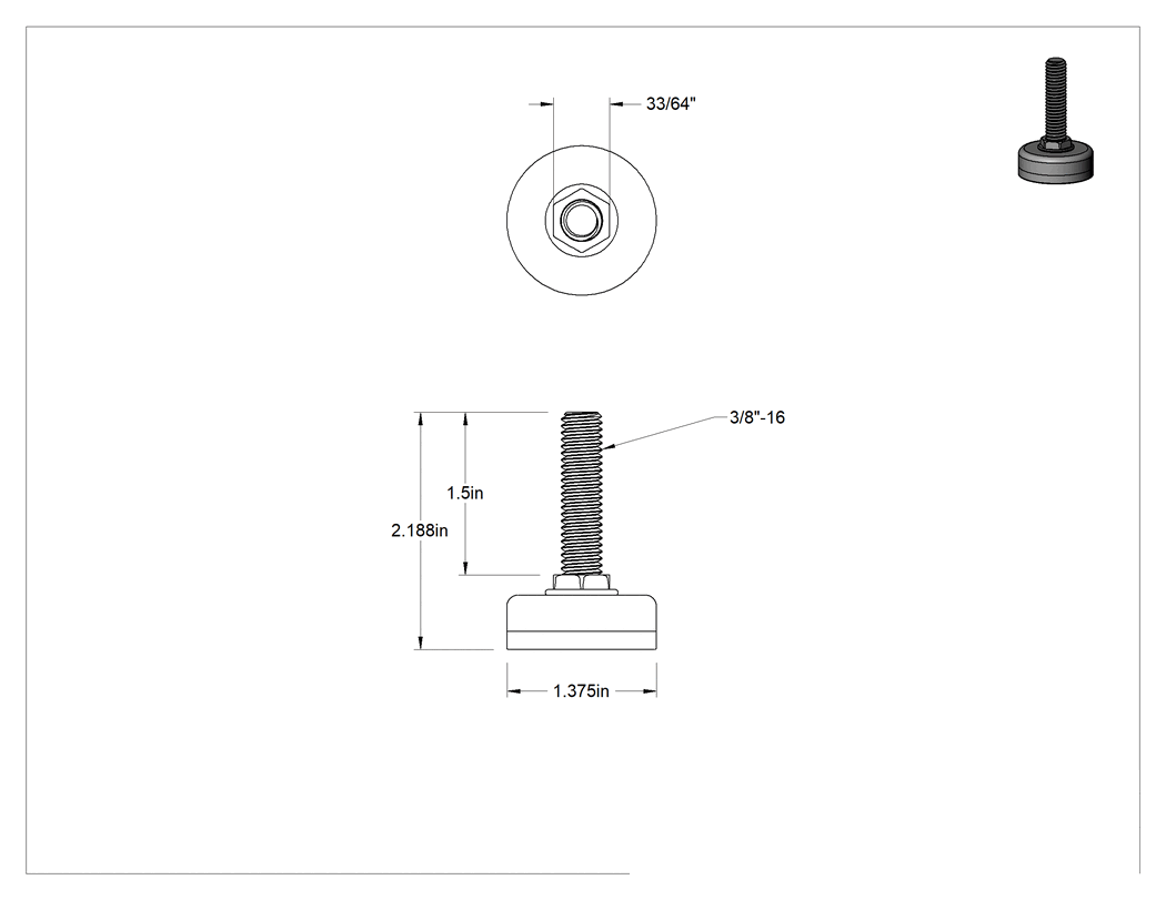 Teknik Çizim - Çinko Kaplı Çelik Saplamalı Sert Tesviye Bağlantı Elemanları, Nikel Kaplama Taban ve Naylon Yastık, 3/8"-16 x 1.5" Uzunlukta Diş
