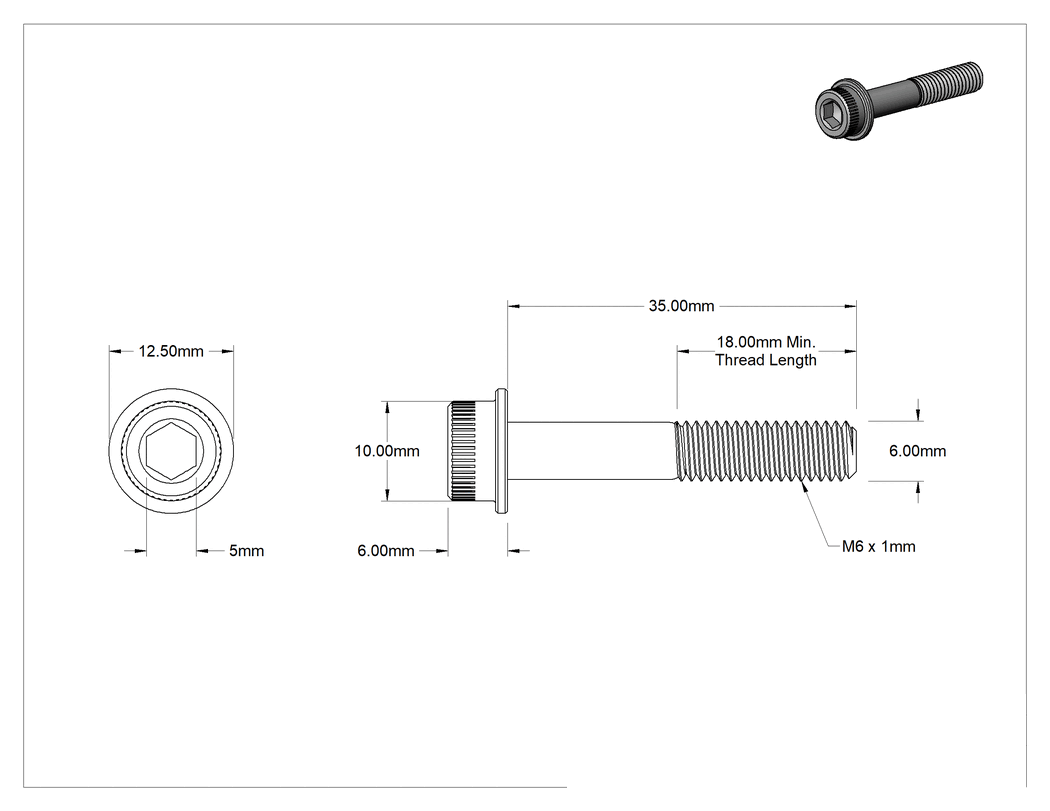 Teknik Çizim - Flanşlı Alyan Başlı Vida, Siyah Oksitli Alaşımlı Çelik, M6 x 1 mm Diş, 35 mm Uzunluk