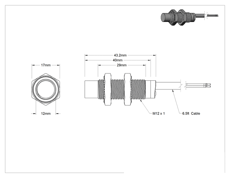 Teknik Çizim - DC Metal Nesne Yakınlık Anahtarı, Tel Uçlu Çıkıntılı, 12 mm Çap, NPN, 1 Kapalı
