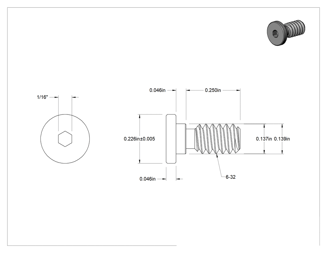 Teknik Çizim - 316 Paslanmaz Çelik Ultra Düşük Profilli Alyan Başlı Vida, 6-32 Diş Boyutu, 1/4" Uzunluk