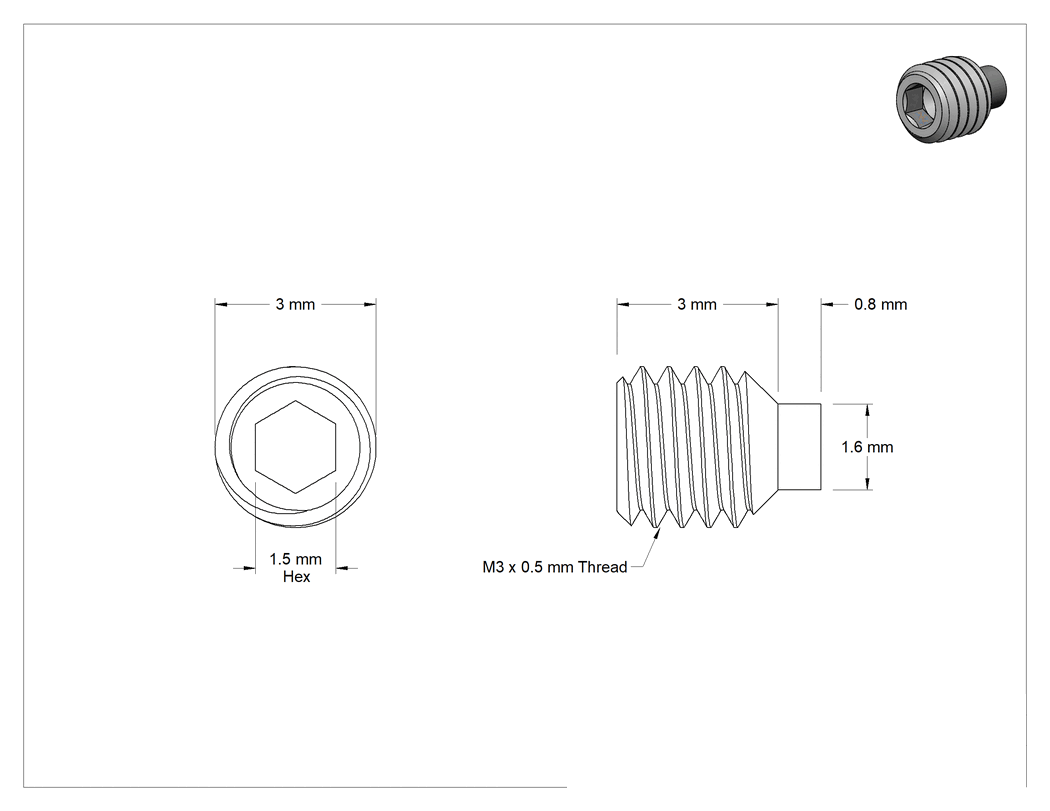 Teknik Çizim - Alaşımlı Çelik Pirinç Uçlu Setskur, Siyah Oksit, M3 x 0.5 mm Dişli, 3 mm Uzunluk