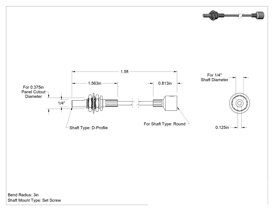 Teknik Çizim - Döner Kontrol Kablosu, 0.125" Çaplı Çelik Çekirdek, 1-1/2 Fit Toplam Uzunluk