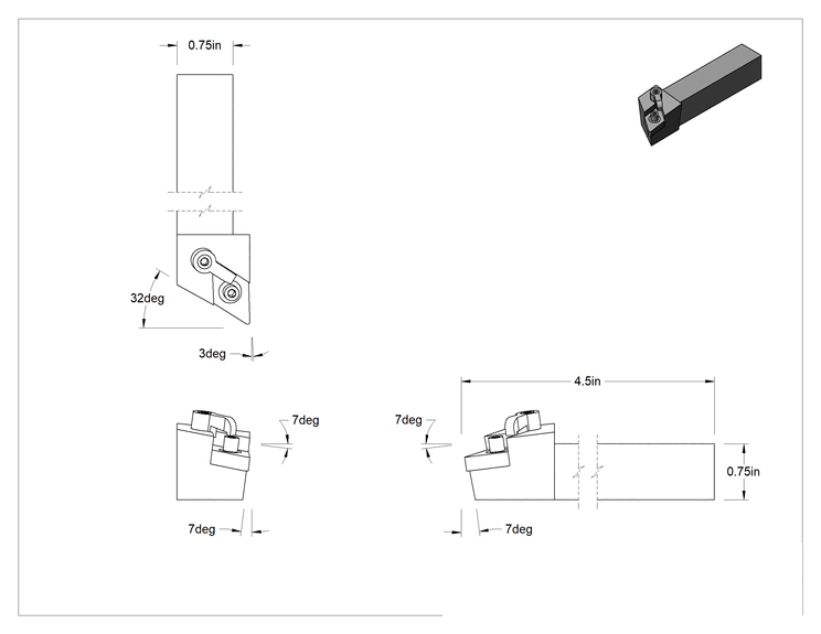 Teknik Çizim - Döner Karbür Uç Tutucu, MDJN, Sağ Yönlü, 1/2" iç çaplı daire çapı için, 3/4" Şaft Genişliği